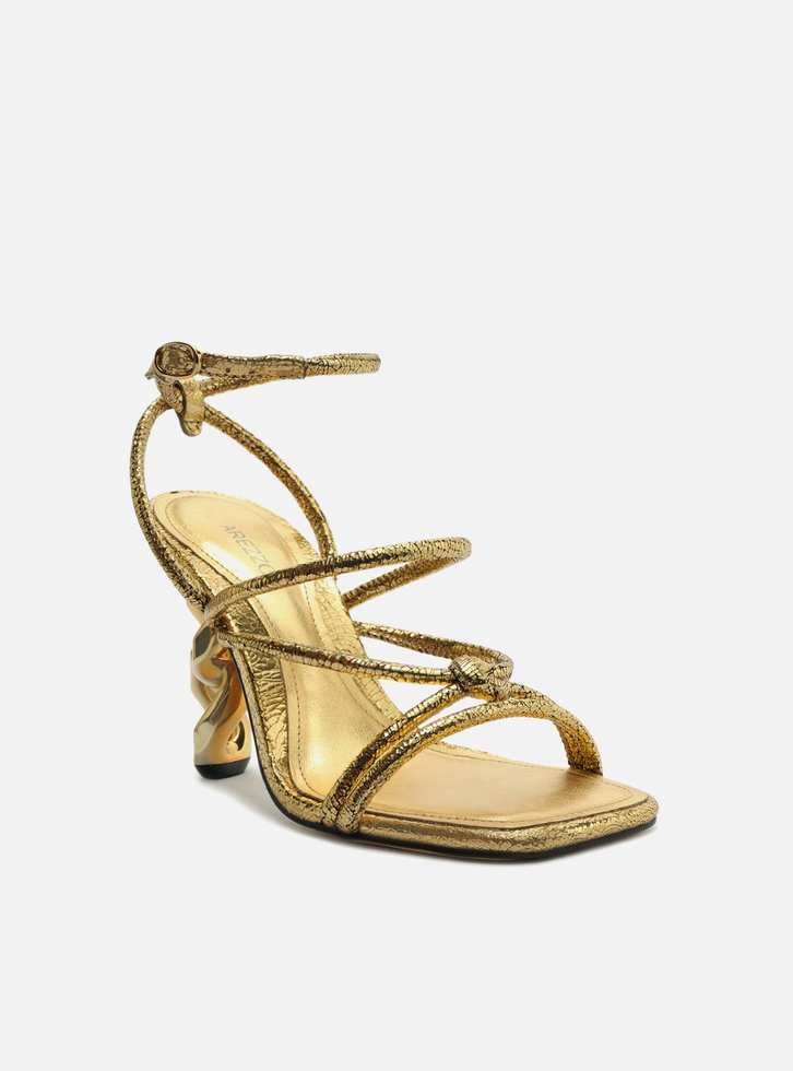 Sand lia Dourada Arezzo Couro Salto Geom trico Tiras ZZ MALL