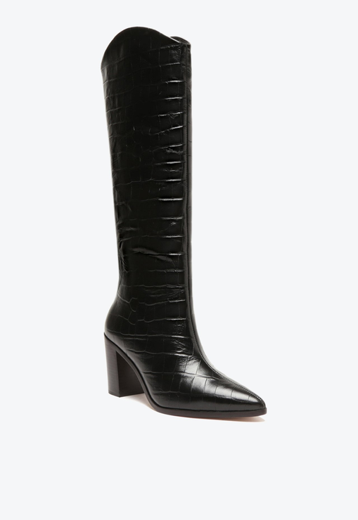 Bota Salto Bloco Maryana Couro Croco Preta