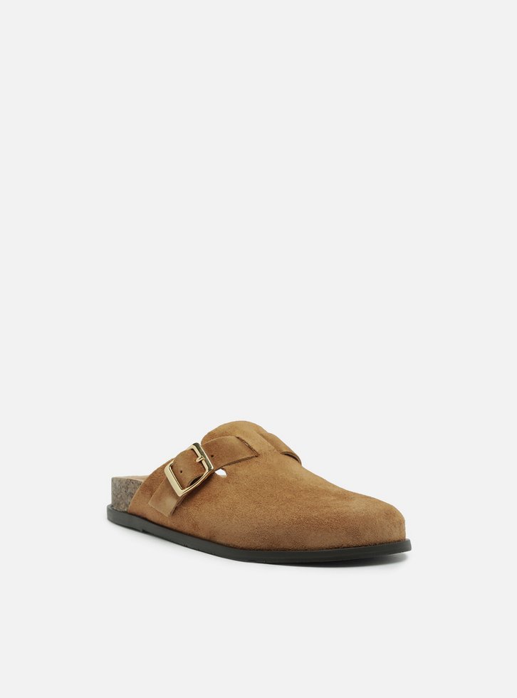 Clog Sabot Marrom Camurça Rasteira Fivela