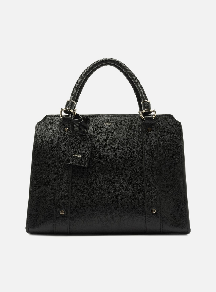 Bolsa Tote Preta Couro Grande Alça Trançada