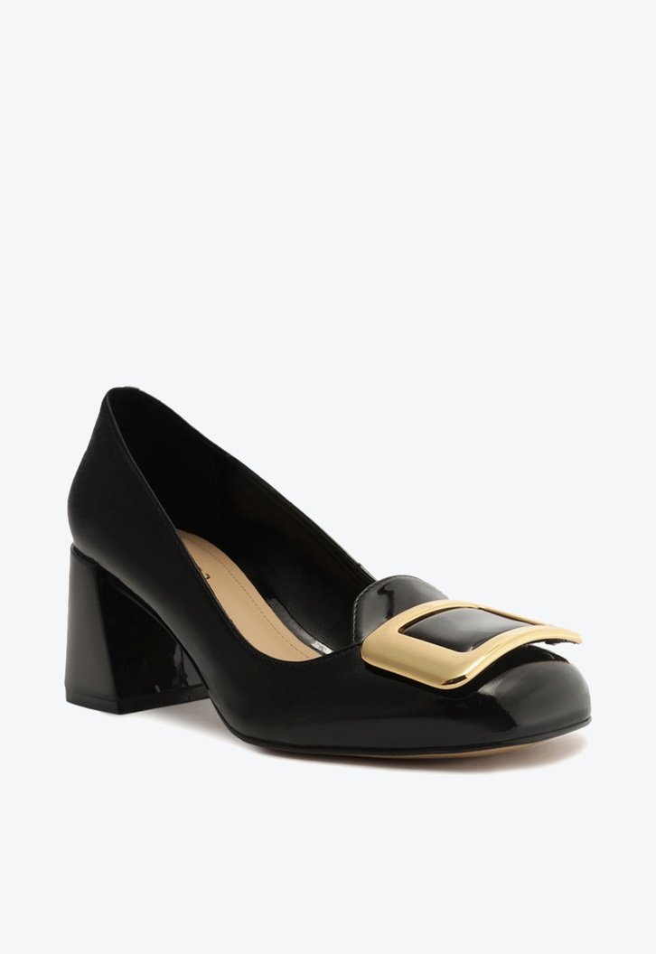 Scarpin Preto Arezzo Verniz Salto Bloco Fivela Grace