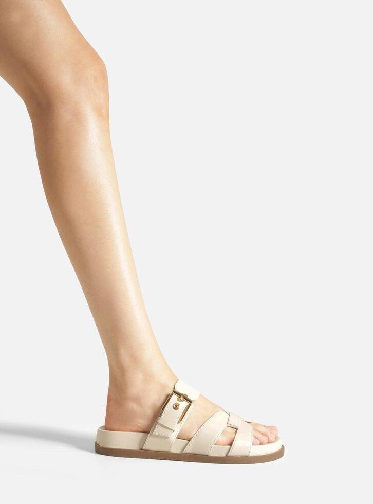 Sandália Rasteira Off-White Couro Tiras H Fivela