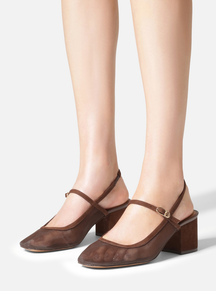 Scarpin Marrom Salto Bloco Tela Slingback