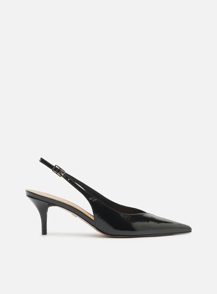 Scarpin Preto Couro Slingback Salto Baixo Fino
