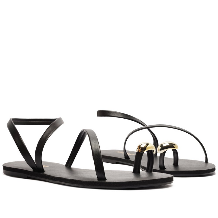 Rasteira Anel de Dedo com Tiras Finas Preta | ZZ MALL