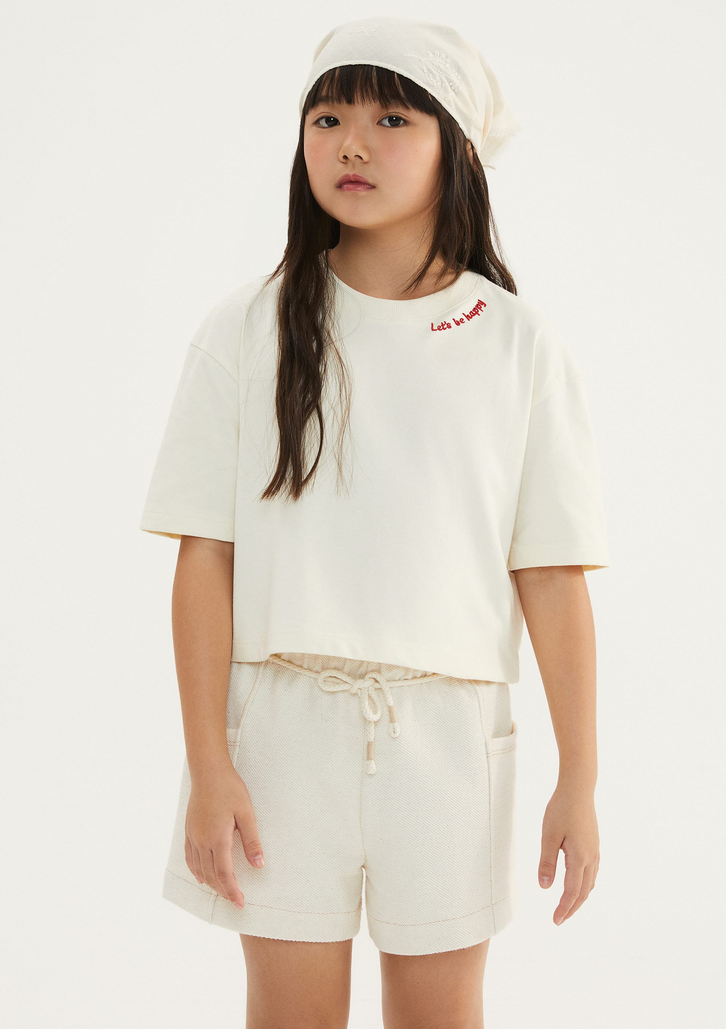 Blusa Bege Hering Kids Infantil Menina Oversized Boxy Bordada