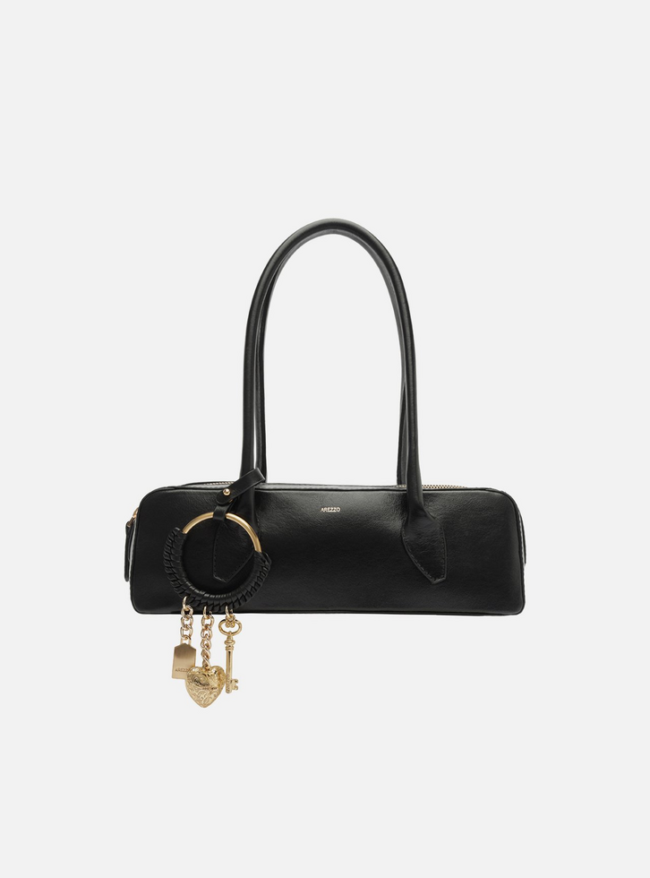 Bolsa Shoulder Preta Couro Média Metais