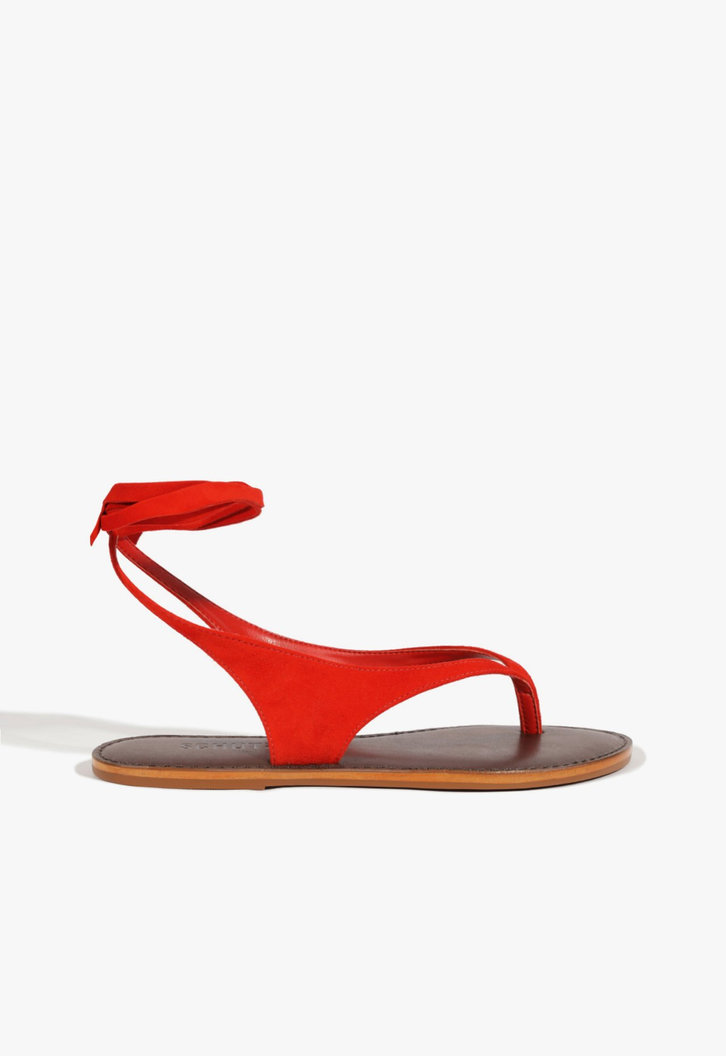 Sandália Rasteira Couro Amarração Vermelha