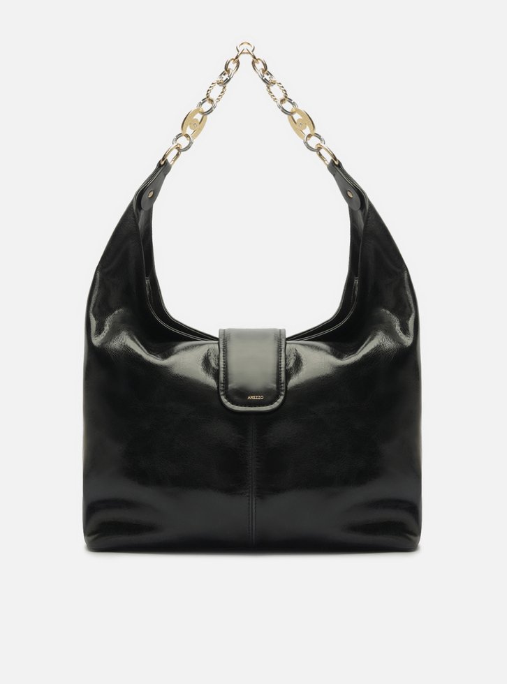 Bolsa Hobo Preta Couro Grande Corrente Elos