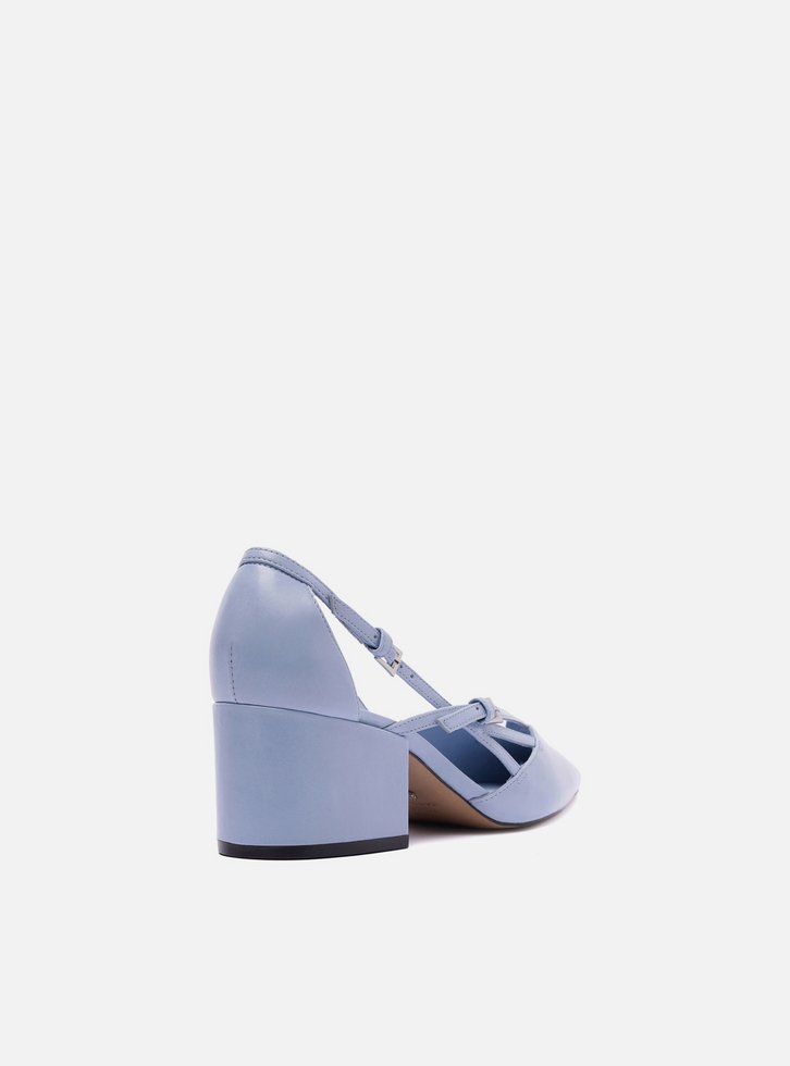 Scarpin Azul Couro Bloco Semi Aberto Fivelas