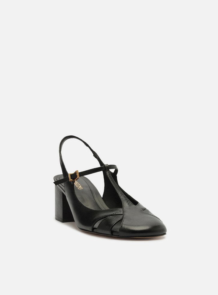 Sapato Boneca Preto Couro Slingback Recortes
