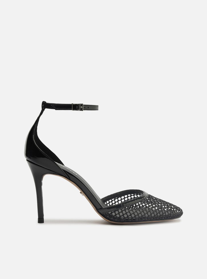 Scarpin Preto Salto Alto Fino Aberto Tela