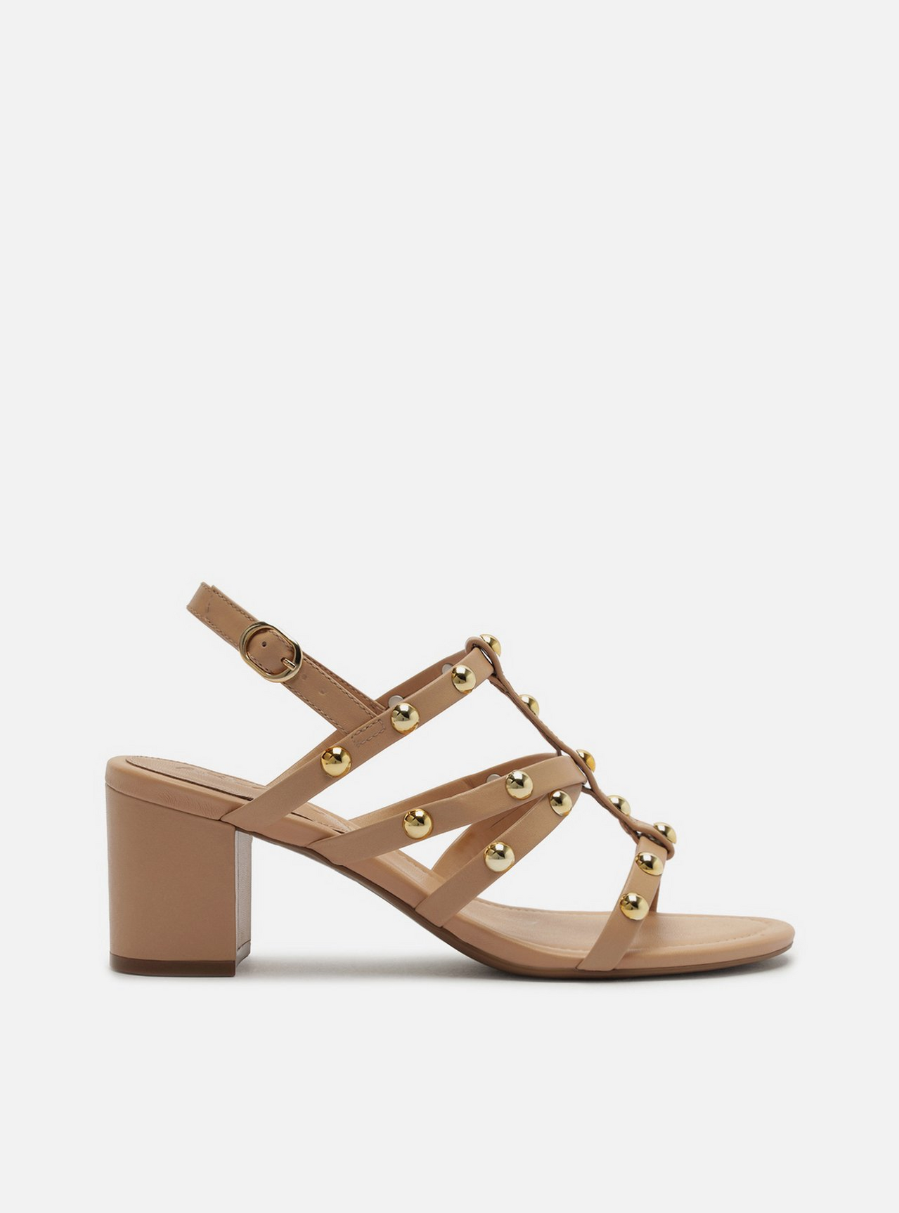 Sandália Nude Couro Salto Bloco Multitiras Studs | ZZ MALL