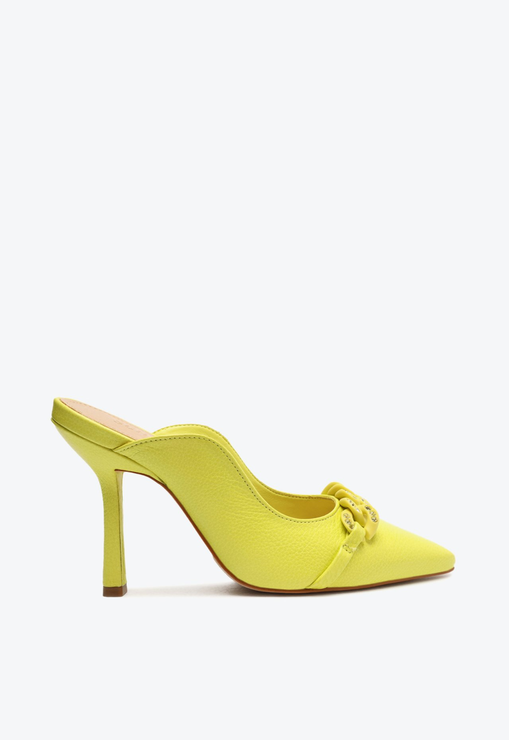 Sapato Mule Scarpin Couro Enfeite Amarelo Neon ZZ MALL