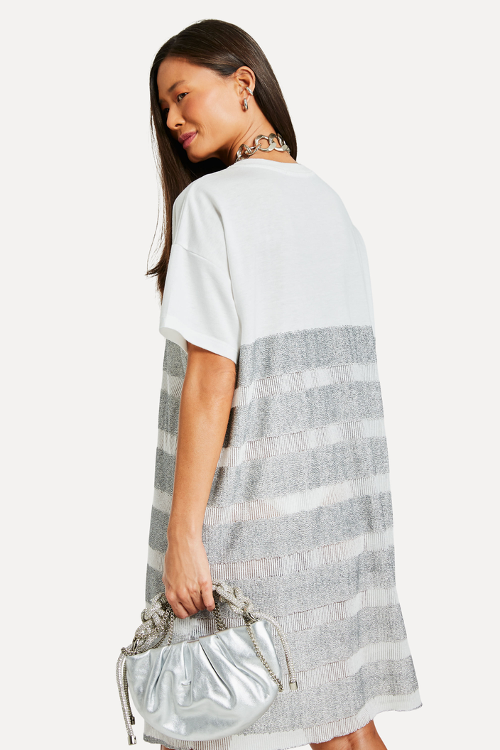 Vestido Branco Reversa T-shirt Listra Brilho