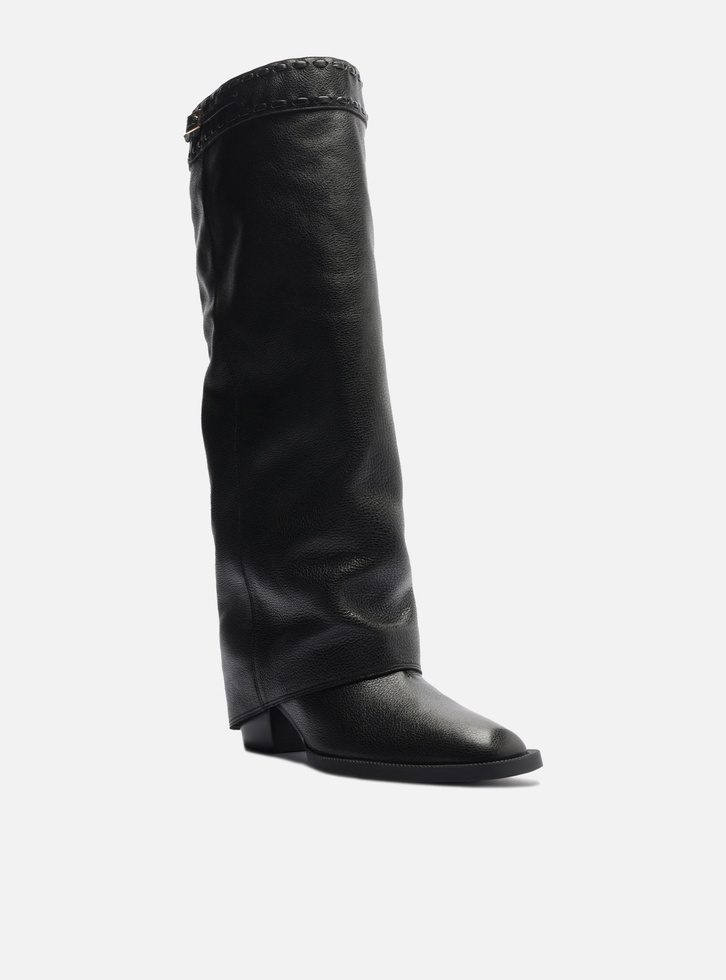 Bota Preta Couro Cano Longo Polaina Folk