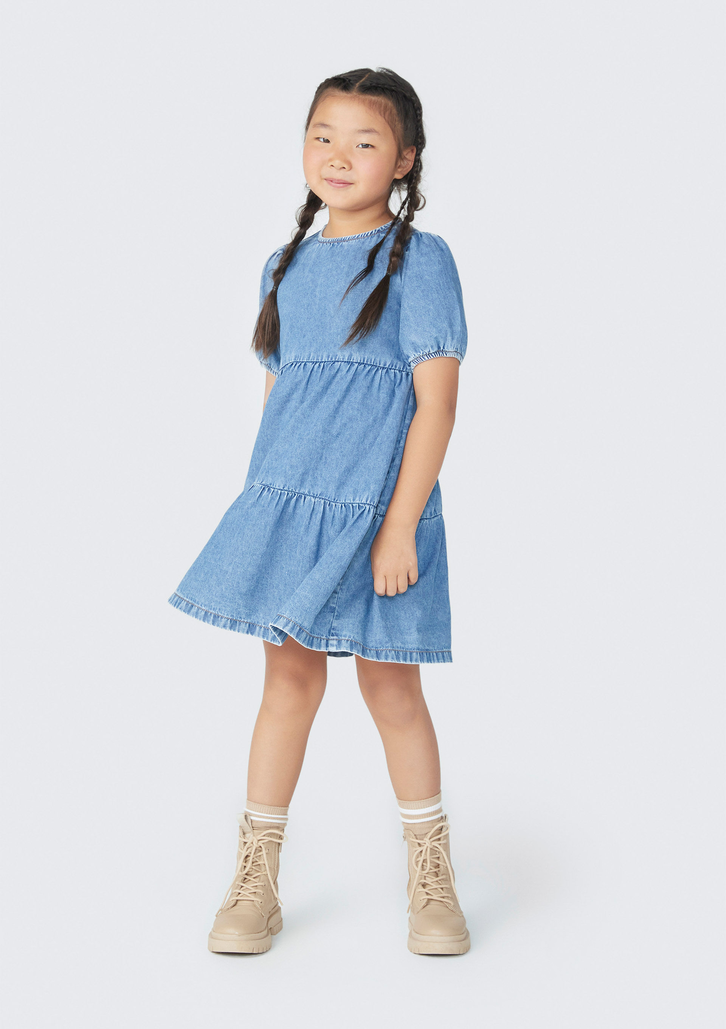 Vestido Azul Hering Jeans Infantil Com Manga Bufante