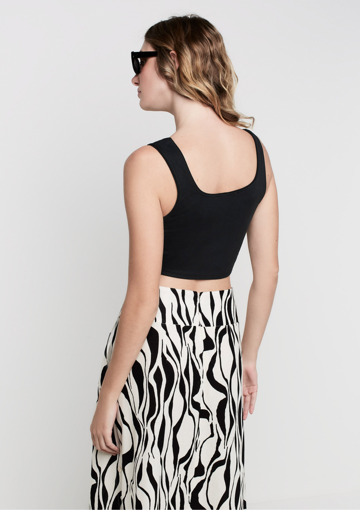 Top Cropped Preto DZARM Decote Quadrado Em Algodão Com Elastano