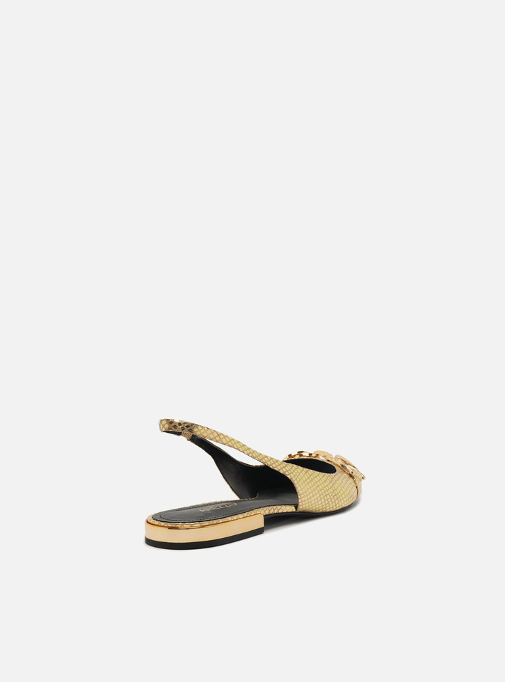 Sapatilha Dourada Arezzo Snake Bico Fino Slingback Bridão