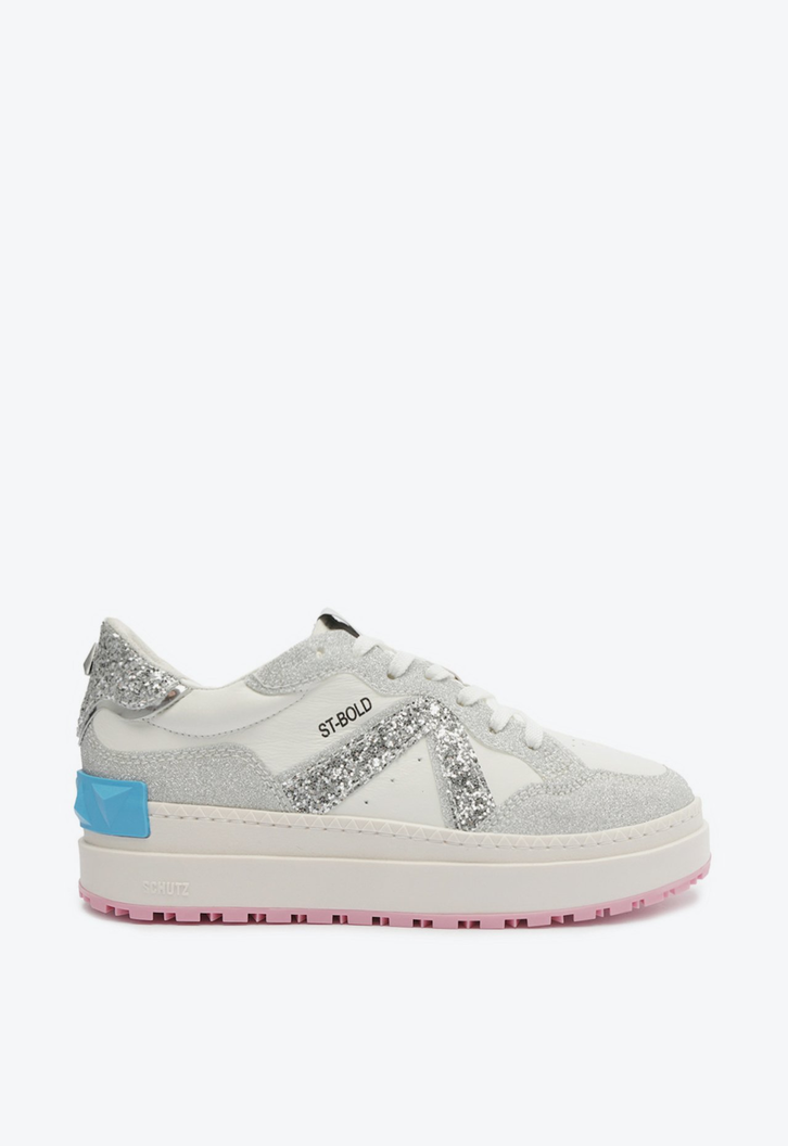 Tênis Flatform Branco Schutz St Bold Couro Glitter