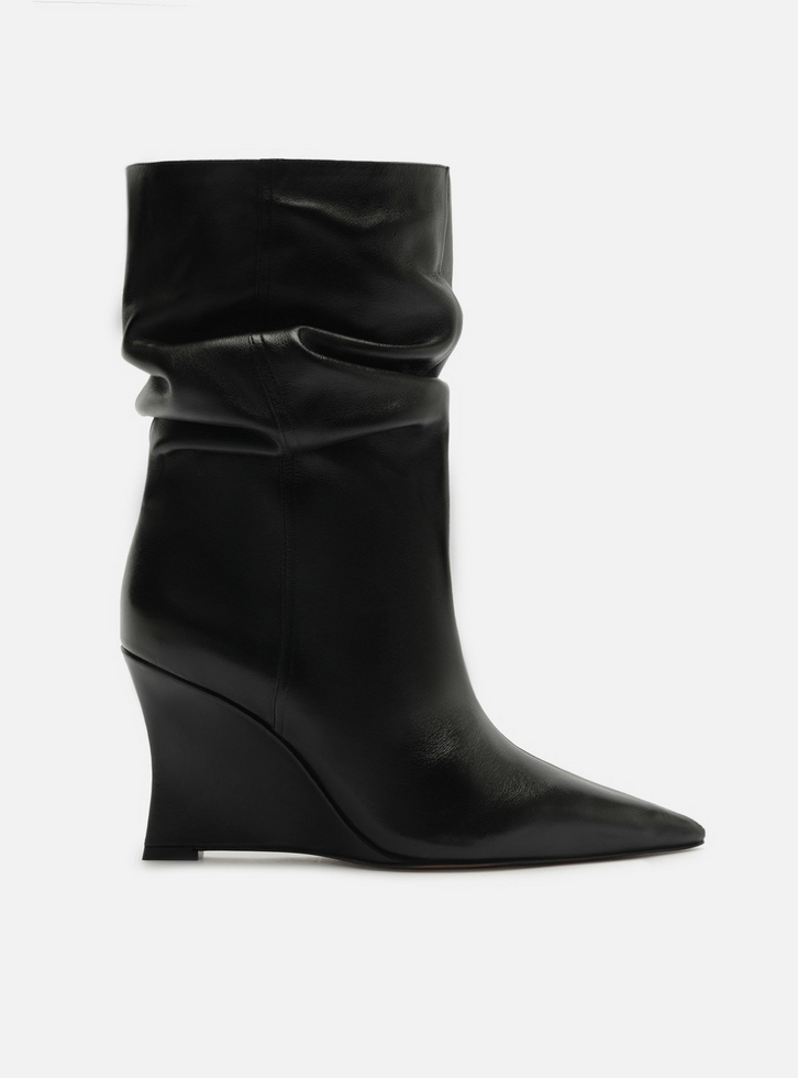 Bota Preta Couro Salto Anabela Alto Slouchy