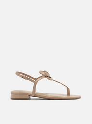 Sandália Nude Couro Salto Baixo Slim Flor