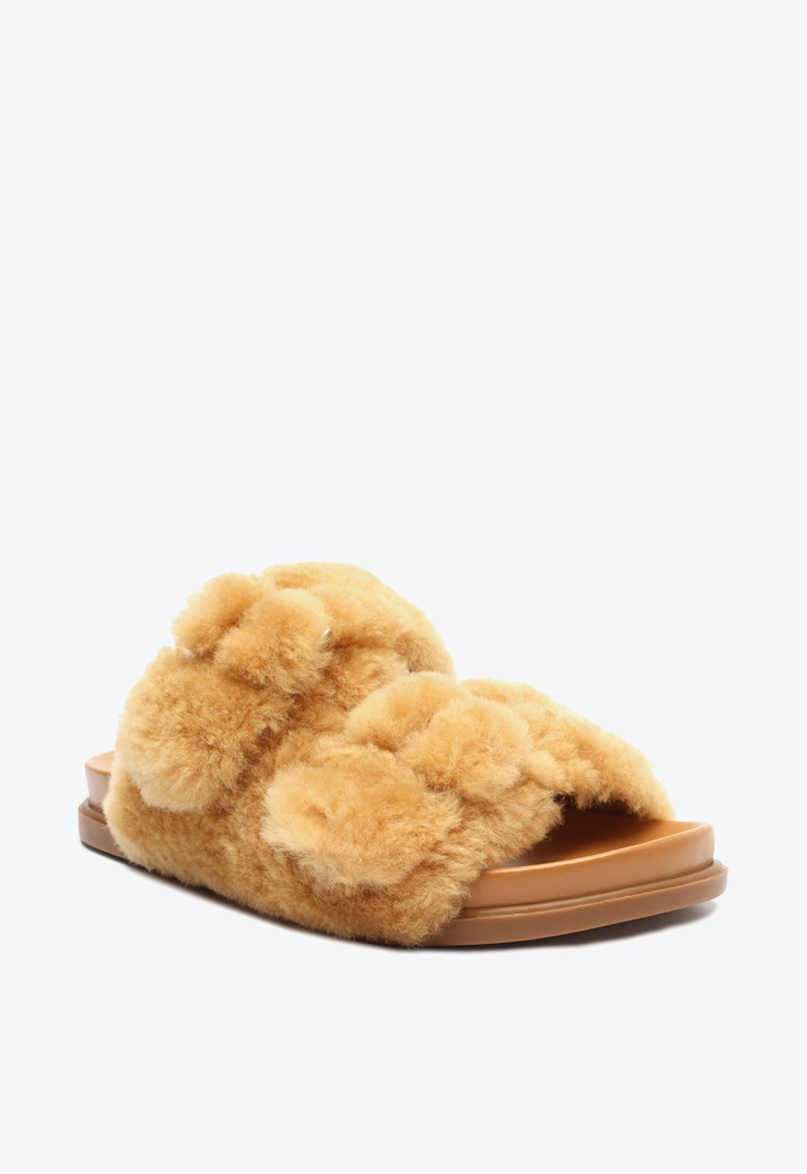 Sandália Slide Fivelas Pelos Comfy Amarela