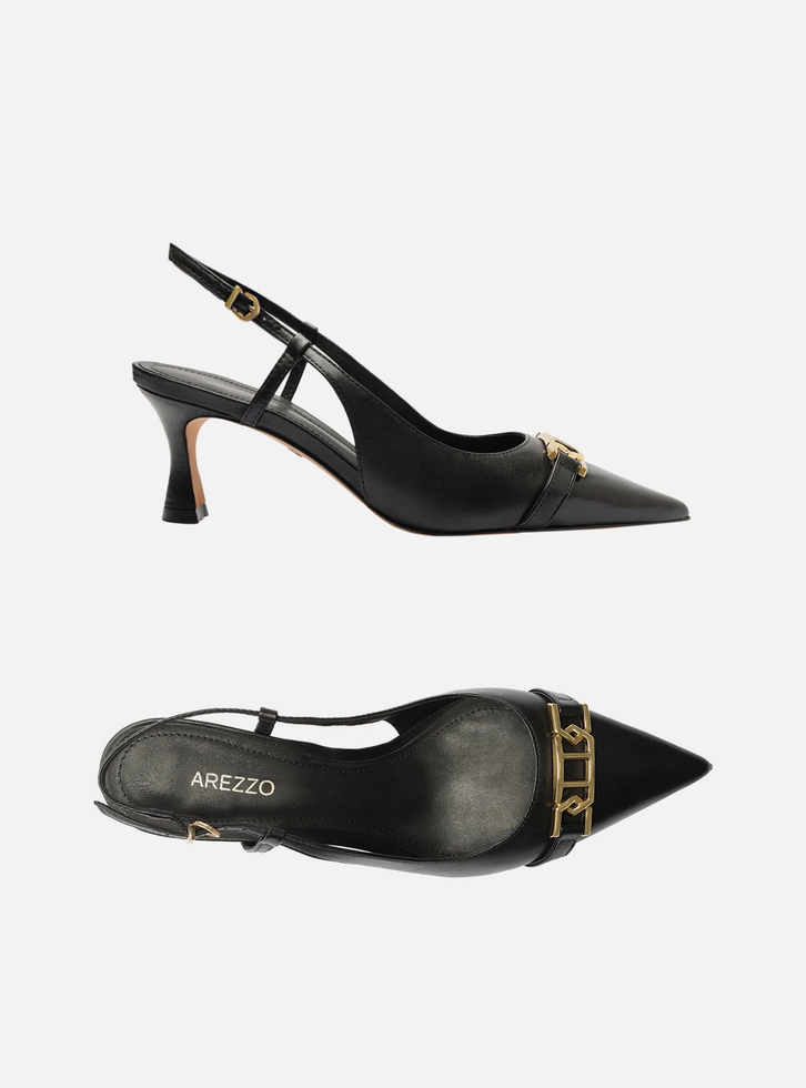 Scarpin Preto Arezzo Couro Bico Fino Slingback Metal