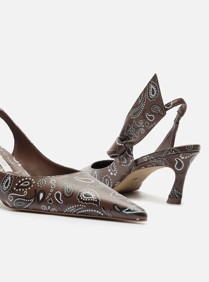Scarpin Marrom Paisley Salto Baixo Slingback Livia
