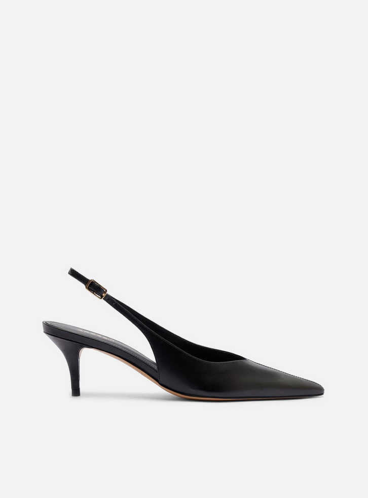 Scarpin Preto Couro Salto Kitten Slingback