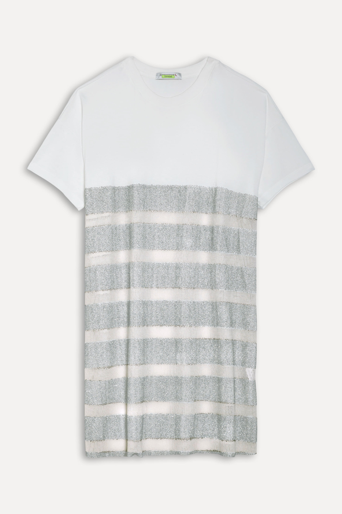 Vestido Branco Reversa T-shirt Listra Brilho
