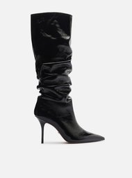 Bota Preta Couro Crinkle Cano Longo Salto Alto Slouch