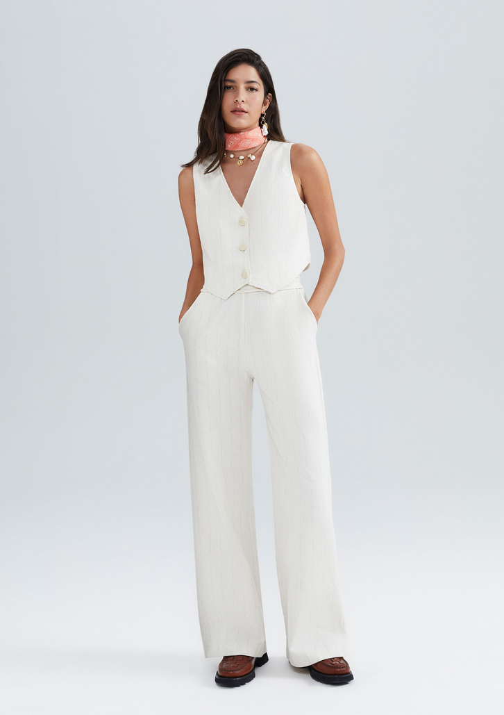 Calça Off White Hering Pantalona Cintura Alta Com Linho