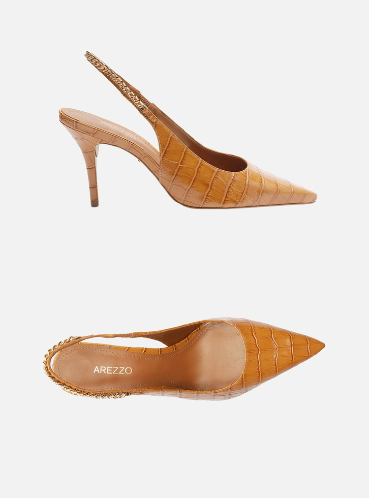 Scarpin Marrom Croco Bico Fino Slingback Corrente