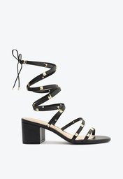 Sandália Preta Arezzo Couro Salto Bloco Studs