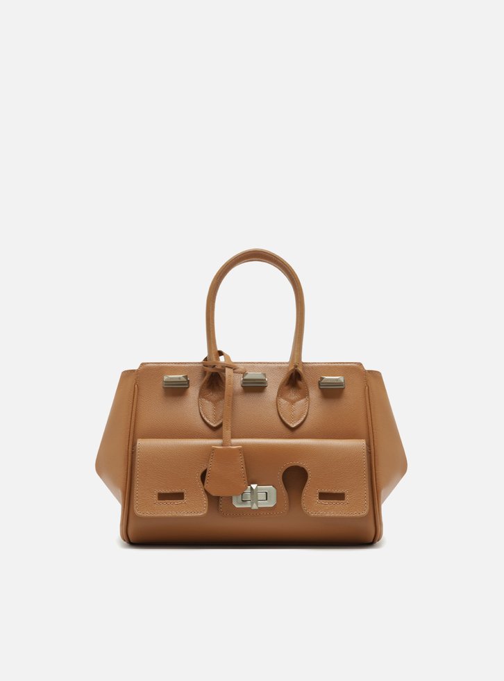 Bolsa Tote Marrom Couro Média Bolso Recortes