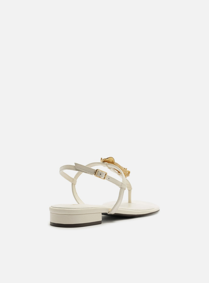 Sandália Rasteira Branca Couro Slim Folha Metal