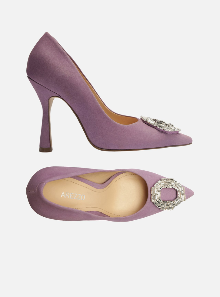 Scarpin Lilás Nobuck Bico Fino Pedraria