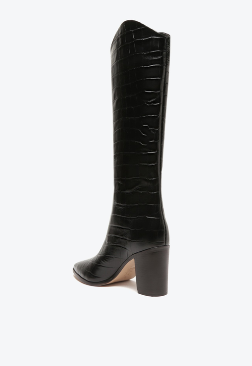 Bota Salto Bloco Maryana Couro Croco Preta