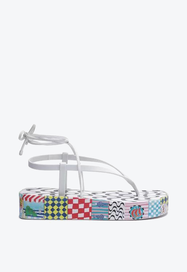 Sandália Flatform Branca Estampada Brizza Amarração Bela