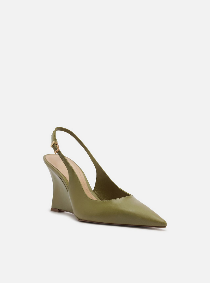 Scarpin Verde Couro Salto Alto Anabela Slingback