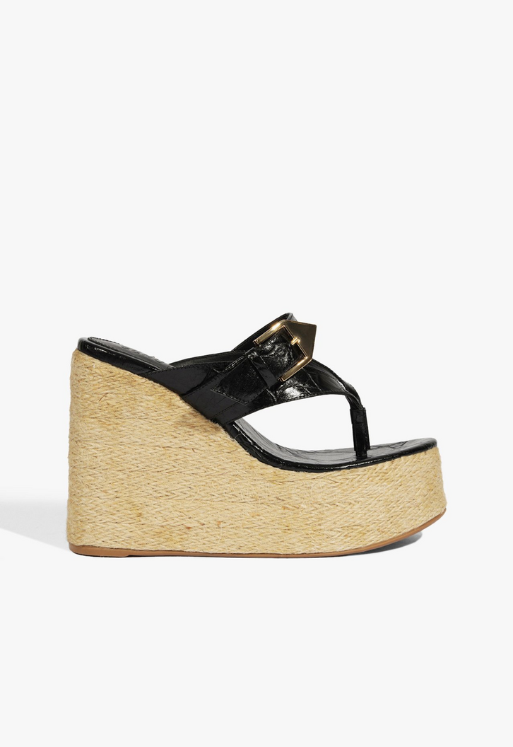 Sandália Anabela Scalea Couro Ráfia Preta