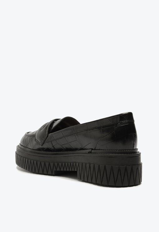 Sapato Mocassim Tratorado Viola Couro Croco Preto