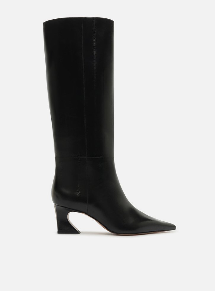 Bota Preta Couro Cano Alto Salto Médio Flare