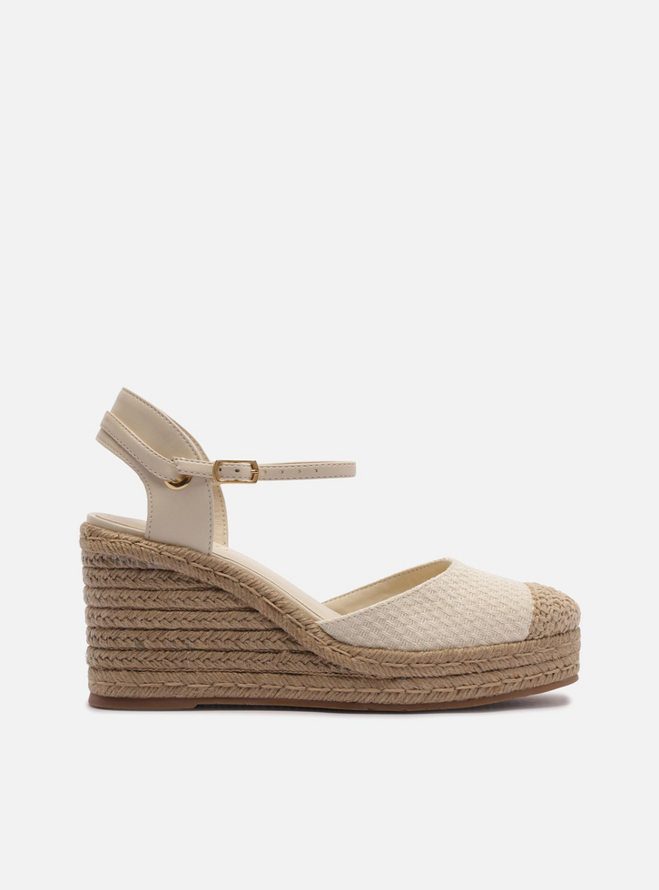 Sandália Espadrille Off White Tecido Plataforma Palha