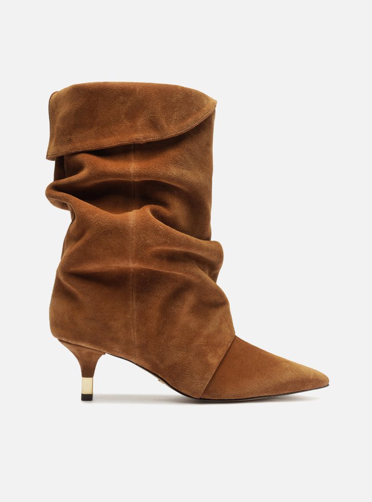 Bota Marrom Suede Cano Médio Salto Fino Slouch