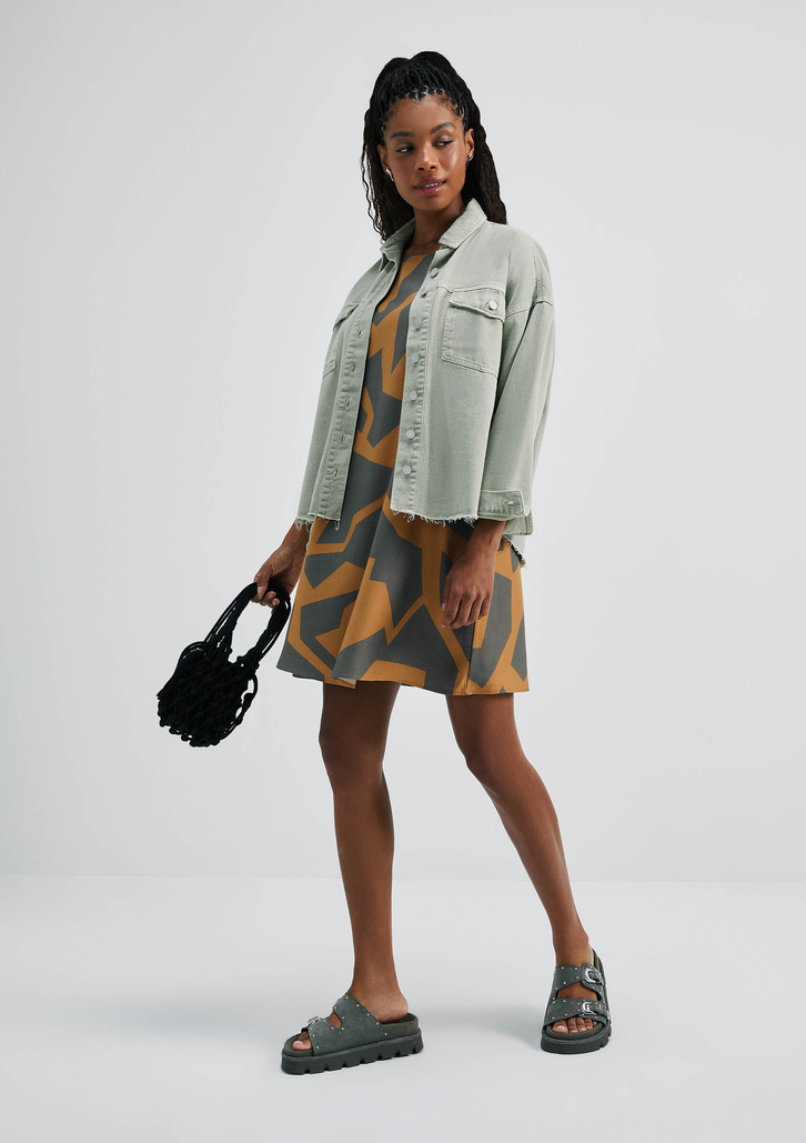Vestido Marrom Médio Hering Curto Trapézio Estampado