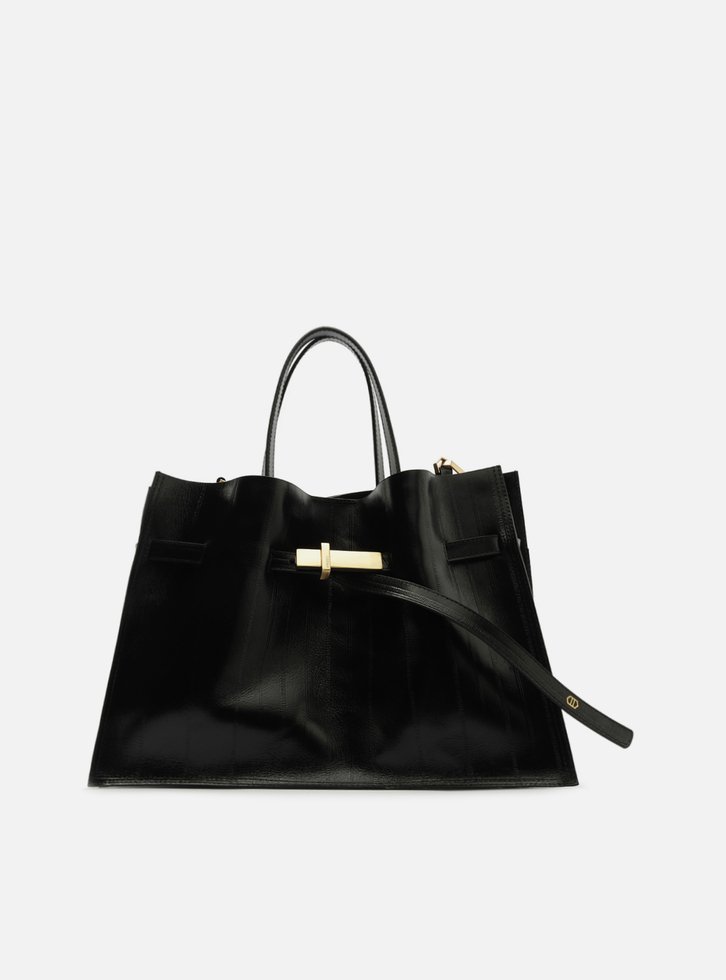 Bolsa Tote Preta Couro Grande Tira Metal