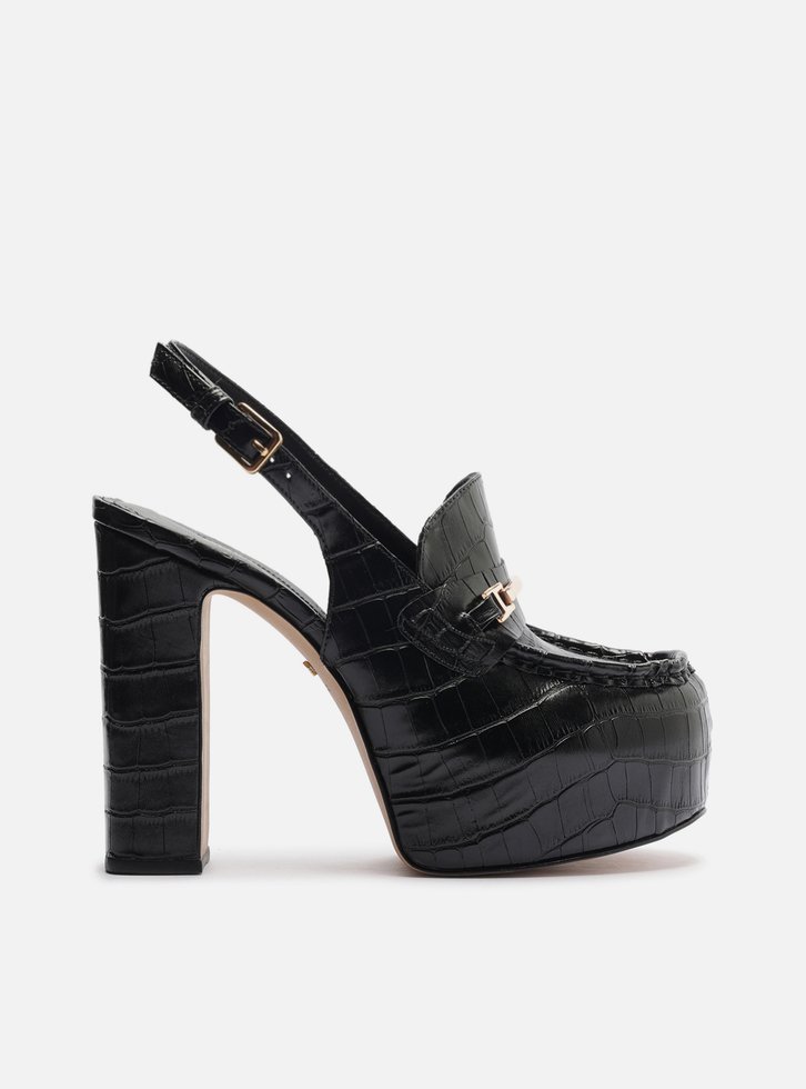 Loafer Preto Croco Salto Bloco Meia Pata