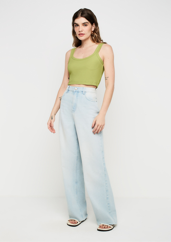 Calça Jeans Azul Claro Dzarm Wide Leg Slim Cintura Alta